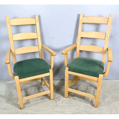 658 - SET OF 7  (5 + 2 CARVERS ) BEECH LADDER BACK DINING CHAIRS WITH UPHOLSTERED SEATS