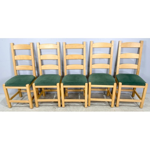 658 - SET OF 7  (5 + 2 CARVERS ) BEECH LADDER BACK DINING CHAIRS WITH UPHOLSTERED SEATS