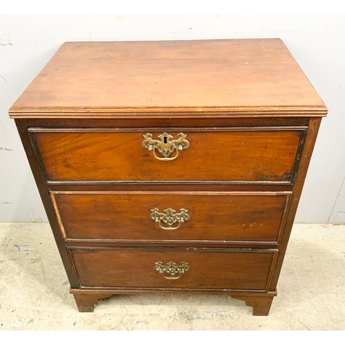 577 - SMALL MAHOGANY CHEST OF 3 LONG DRAWERS ON BRACKET FEET WIDTH 63cm