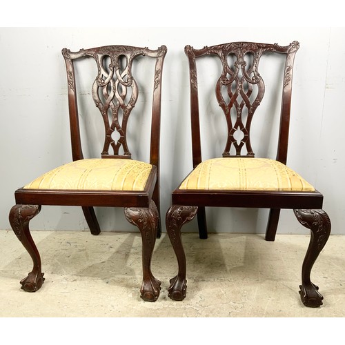 657 - PAIR OF GOOD QUALITY  MAHOGANY CHIPPENDALE STYLE DINING CHAIRS ON  BALL & CLAW FEET WITH DROP IN SEA... 