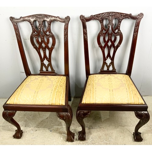 657 - PAIR OF GOOD QUALITY  MAHOGANY CHIPPENDALE STYLE DINING CHAIRS ON  BALL & CLAW FEET WITH DROP IN SEA... 