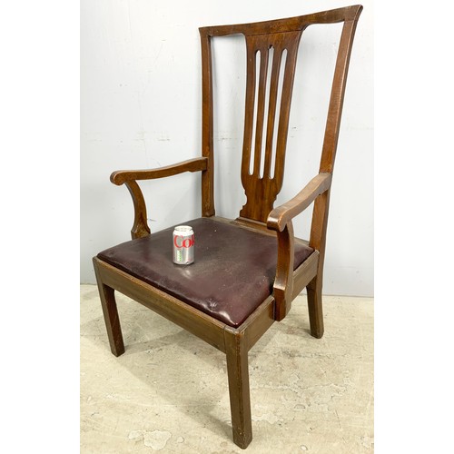 655 - LARGE MAHOGANY ARM / CARVER CHAIR WITH A CHIPPENDALE STYLE DING CHAIR WITH DROP IN SEAT