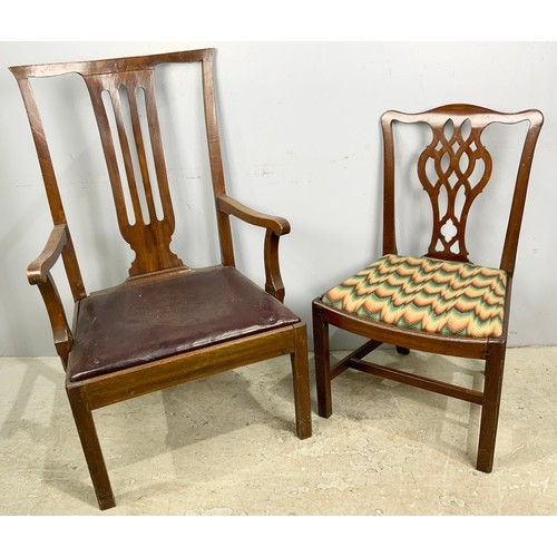 655 - LARGE MAHOGANY ARM / CARVER CHAIR WITH A CHIPPENDALE STYLE DING CHAIR WITH DROP IN SEAT