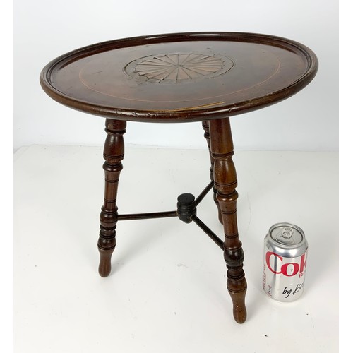 629 - ELEGANT SMALL MAHOGANY INLAID TRIPOD WINE TABLE 37cm DIAMETER AF