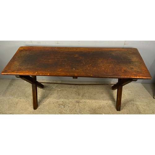 534 - PLANK TOP TABLE WITH LOVELY PATINA ON X SHAPED SUPPORTS 151cm x 53cm (this table is believed to have... 