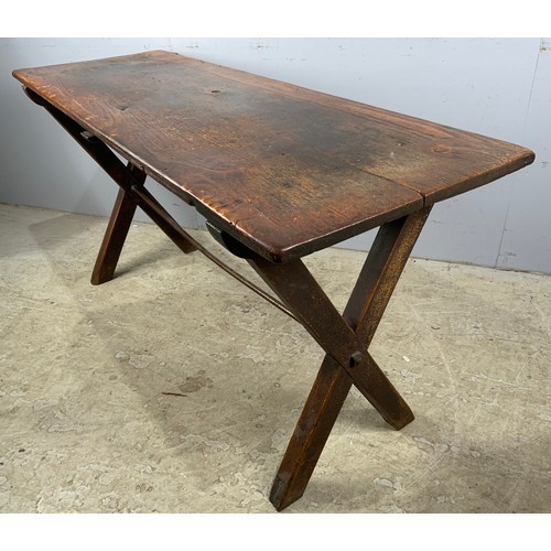 534 - PLANK TOP TABLE WITH LOVELY PATINA ON X SHAPED SUPPORTS 151cm x 53cm (this table is believed to have... 