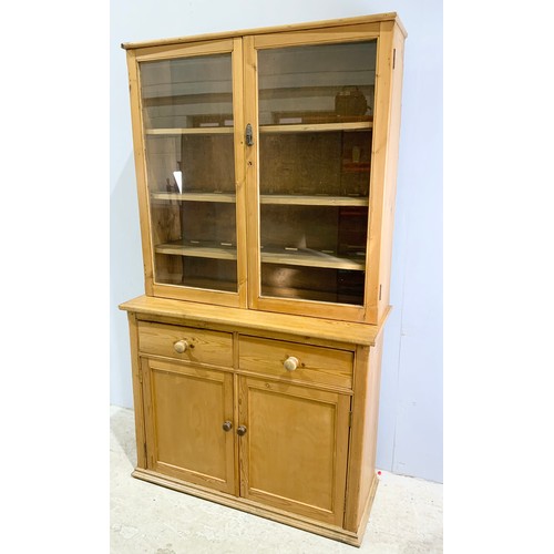 558 - PINE DRESSER WITH GLAZED CABINET ABOVE 117cm. 202cm TALL