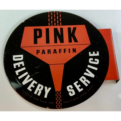 16 - CIRCULAR DOUBLE SIDED PICTORIAL ADVERTISING ENAMEL SIGN PINK PARAFFIN, DELIVERY SERVICE. ALADDIN AND... 