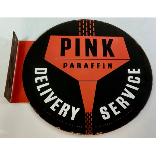 16 - CIRCULAR DOUBLE SIDED PICTORIAL ADVERTISING ENAMEL SIGN PINK PARAFFIN, DELIVERY SERVICE. ALADDIN AND... 