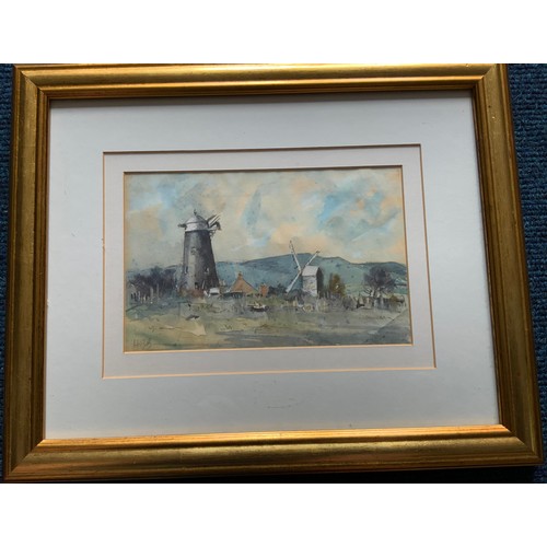 9 - WATERCOLOUR OF TWO WINDMILLS INITIAL SIGNATURE HBB  HERCULES BRABAZON BRABAZON ?  23cm x 14.5cm FRAM... 