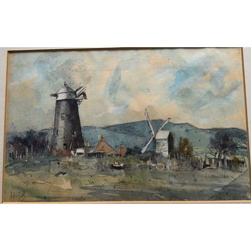 9 - WATERCOLOUR OF TWO WINDMILLS INITIAL SIGNATURE HBB  HERCULES BRABAZON BRABAZON ?  23cm x 14.5cm FRAM... 