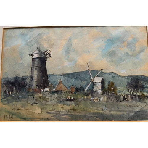 9 - WATERCOLOUR OF TWO WINDMILLS INITIAL SIGNATURE HBB  HERCULES BRABAZON BRABAZON ?  23cm x 14.5cm FRAM... 