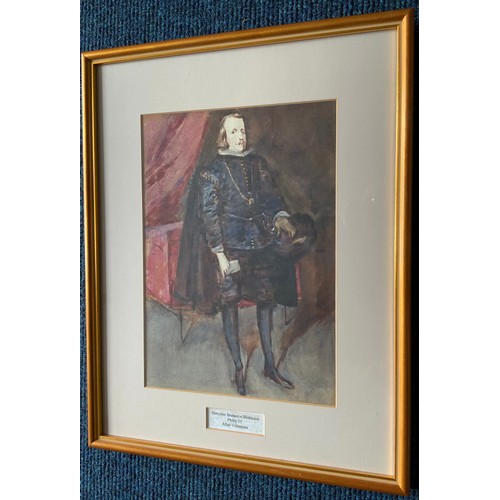 6 - WATERCOLOUR OF GENTLEMAN IN PERIOD COSTUME INITIAL SIGNATURE HBB MOUNTED & TITLED HERCULES BRABAZON ... 