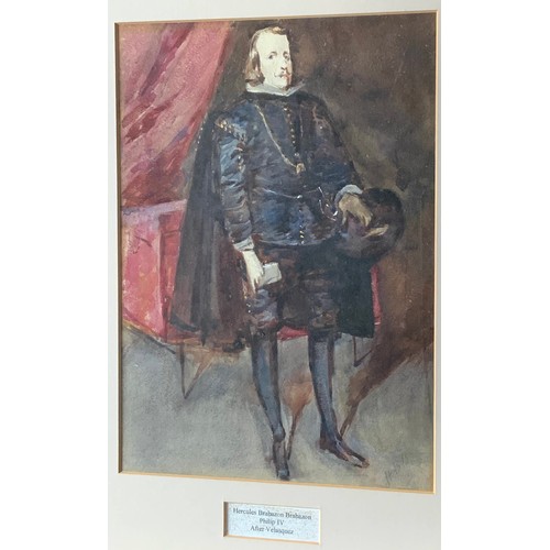 6 - WATERCOLOUR OF GENTLEMAN IN PERIOD COSTUME INITIAL SIGNATURE HBB MOUNTED & TITLED HERCULES BRABAZON ... 