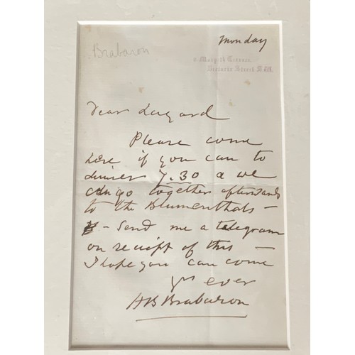 11 - 2 HAND WRITTEN LETTERS  SIGNED HB BRABAZON  FRAMED AND TITLED SOCIAL LIFE OF ARTIST HERCULES BRABAZO... 