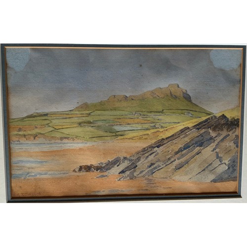 13 - WATER COLOUR TITLED  'WHITE SANDS BAY SAINT DAVIDS' SIGNED A T GRIFFITH  29.5cm  x 19.5cm  MOUNTED W... 