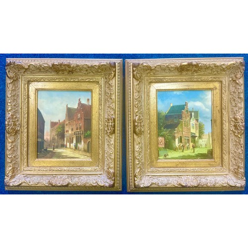 17 - 2 OILS ON PANEL EACH DEPICTING STREET SCENES AND IN MATCHING GOOD QUALITY FRAMES, ONE SIGNED J.CHARL... 