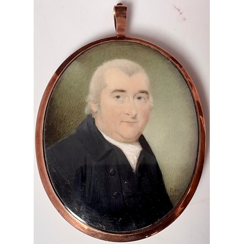 4 - GEORGIAN ROSE GOLD AND COBALT ENAMEL HAIR PENDANT WITH WATERCOLOUR OF A GENTLEMAN MOUNTED IN ORNATE ... 