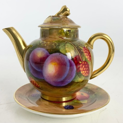 35 - ROYAL WORCESTER MINIATURE  TEAPOT & STAND  DECORATED WITH HAND PAINTED WITH FALLEN FRUITS AND SIGNED... 