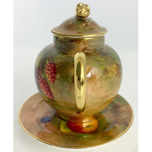 35 - ROYAL WORCESTER MINIATURE  TEAPOT & STAND  DECORATED WITH HAND PAINTED WITH FALLEN FRUITS AND SIGNED... 