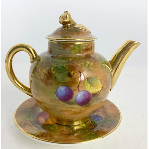 35 - ROYAL WORCESTER MINIATURE  TEAPOT & STAND  DECORATED WITH HAND PAINTED WITH FALLEN FRUITS AND SIGNED... 