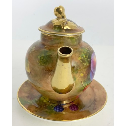 35 - ROYAL WORCESTER MINIATURE  TEAPOT & STAND  DECORATED WITH HAND PAINTED WITH FALLEN FRUITS AND SIGNED... 