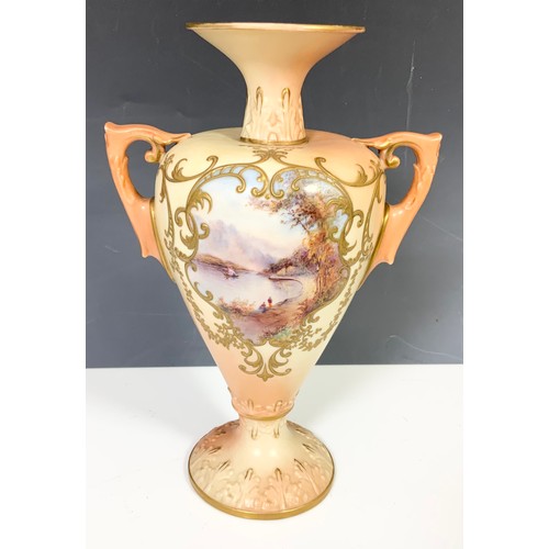 36 - LOCKE AND CO WORCESTER  TWO HANDLED TROPHY VASE  DECORATED WITH HAND PAINTED WITH LOCH SCENES 22.5cm... 