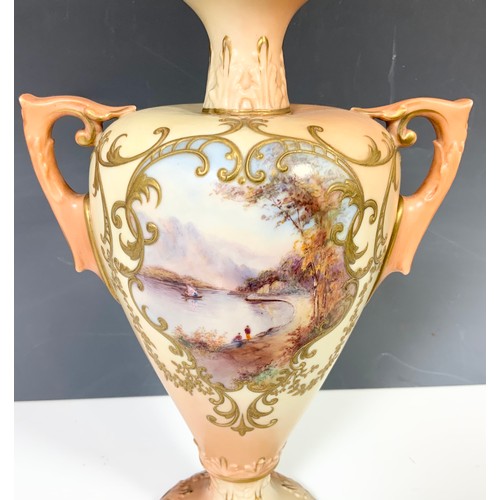 36 - LOCKE AND CO WORCESTER  TWO HANDLED TROPHY VASE  DECORATED WITH HAND PAINTED WITH LOCH SCENES 22.5cm... 