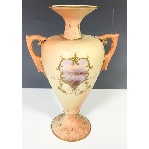 36 - LOCKE AND CO WORCESTER  TWO HANDLED TROPHY VASE  DECORATED WITH HAND PAINTED WITH LOCH SCENES 22.5cm... 