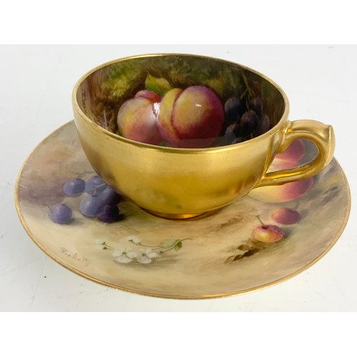 38 - 2 MINIATURE ROYAL WORCESTER HAND PAINTED COFFEE CUPS AND SAUCERS, PAINTED WITH FALLEN FRUIT, SAUCERS... 