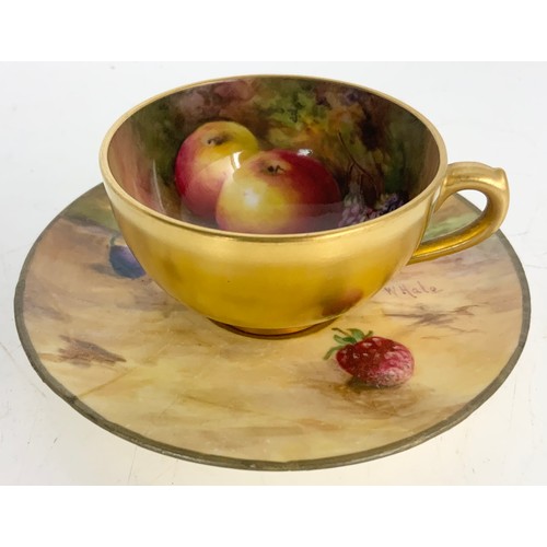 38 - 2 MINIATURE ROYAL WORCESTER HAND PAINTED COFFEE CUPS AND SAUCERS, PAINTED WITH FALLEN FRUIT, SAUCERS... 