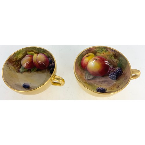 38 - 2 MINIATURE ROYAL WORCESTER HAND PAINTED COFFEE CUPS AND SAUCERS, PAINTED WITH FALLEN FRUIT, SAUCERS... 