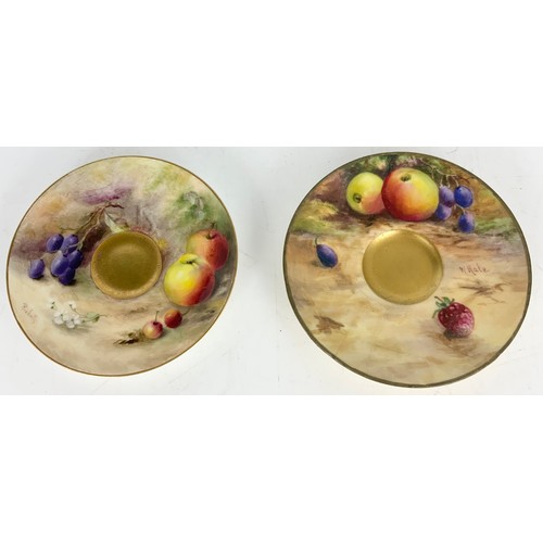 38 - 2 MINIATURE ROYAL WORCESTER HAND PAINTED COFFEE CUPS AND SAUCERS, PAINTED WITH FALLEN FRUIT, SAUCERS... 