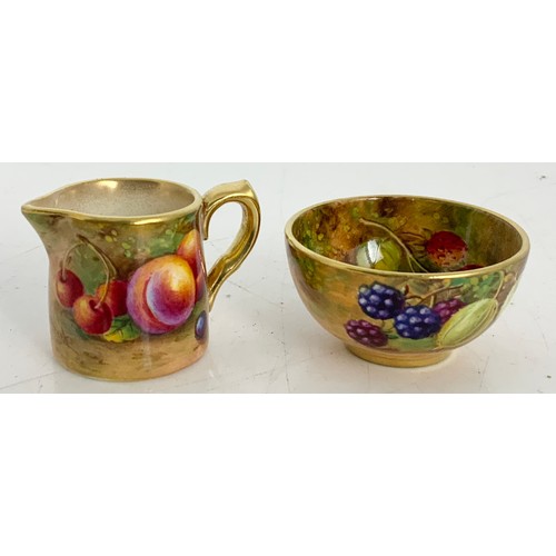 40 - ROYAL WORCESTER MINIATURE  SUGAR BOWL & CREAM JUG DECORATED WITH HAND PAINTED WITH FALLEN FRUITS AND... 