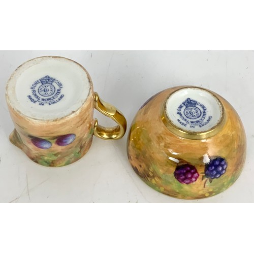 40 - ROYAL WORCESTER MINIATURE  SUGAR BOWL & CREAM JUG DECORATED WITH HAND PAINTED WITH FALLEN FRUITS AND... 