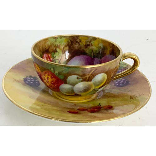 41 - ROYAL WORCESTER MINIATURE  CUP & SAUCER DECORATED WITH HAND PAINTED WITH FALLEN FRUITS AND SIGNED  H... 