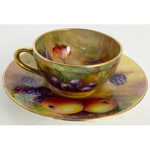 41 - ROYAL WORCESTER MINIATURE  CUP & SAUCER DECORATED WITH HAND PAINTED WITH FALLEN FRUITS AND SIGNED  H... 