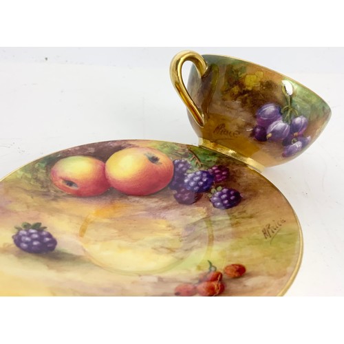 41 - ROYAL WORCESTER MINIATURE  CUP & SAUCER DECORATED WITH HAND PAINTED WITH FALLEN FRUITS AND SIGNED  H... 