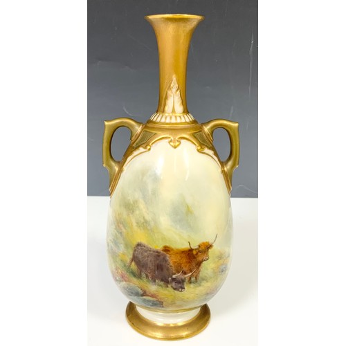 42 - ROYAL WORCESTER TWO HANDLED VASE  SHAPE 1762 DECORATED WITH HAND PAINTED HIGHLAND CATTLE SIGNED H ST... 