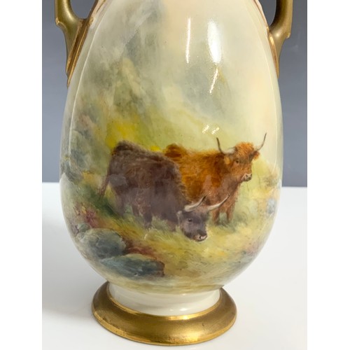 42 - ROYAL WORCESTER TWO HANDLED VASE  SHAPE 1762 DECORATED WITH HAND PAINTED HIGHLAND CATTLE SIGNED H ST... 