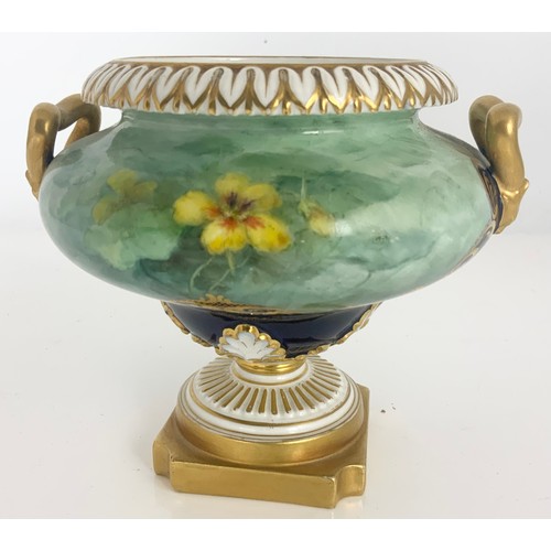 43 - A ROYAL WORCESTER VASE, OF URN-FORM WITH TWIN HANDLES,HAND PAINTED WITH FLOWERS SIGNED CHIVERS, SHAP... 