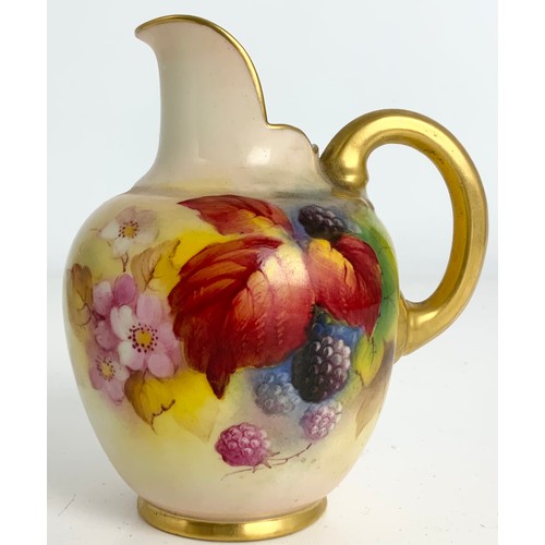 44 - ROYAL WORCESTER FLAT BACK JUG DECORATED WITH AUTUMNAL FRUIT & SIGNED K BLAKE ( KITTY)  PUCE BACKSTAM... 