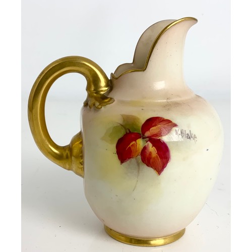 44 - ROYAL WORCESTER FLAT BACK JUG DECORATED WITH AUTUMNAL FRUIT & SIGNED K BLAKE ( KITTY)  PUCE BACKSTAM... 