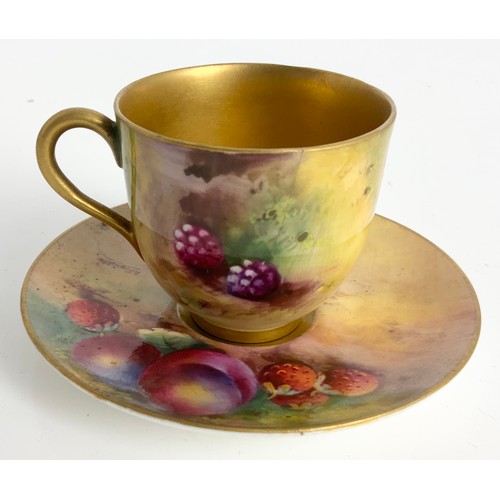 45 - ROYAL WORCESTER MINIATURE CUP & SAUCER DECORATED WITH HAND PAINTED WITH FALLEN FRUITS AND SIGNED H A... 