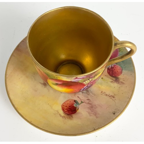 45 - ROYAL WORCESTER MINIATURE CUP & SAUCER DECORATED WITH HAND PAINTED WITH FALLEN FRUITS AND SIGNED H A... 