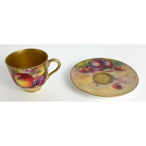 45 - ROYAL WORCESTER MINIATURE CUP & SAUCER DECORATED WITH HAND PAINTED WITH FALLEN FRUITS AND SIGNED H A... 