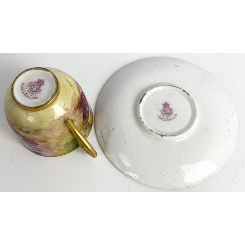 45 - ROYAL WORCESTER MINIATURE CUP & SAUCER DECORATED WITH HAND PAINTED WITH FALLEN FRUITS AND SIGNED H A... 