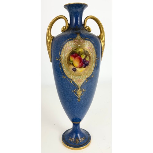 46 - ROYAL WORCESTER 2-HANDLED BALUSTER VASES, POWDER BLUE GROUND WITH HAND PAINTED FALLEN FRUIT SIGNED M... 