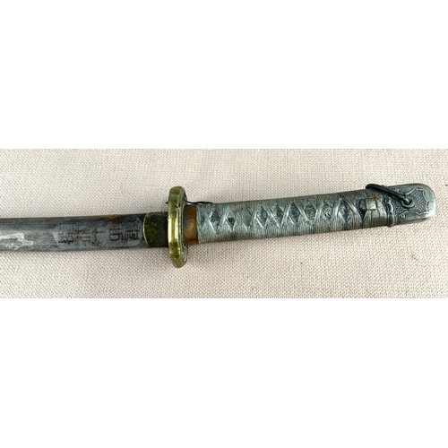 62 - SAMURAI STYLE SWORD WITH ETCHED BLADE WITH CHARACTER MARKS & METAL SCABBARD 91cm