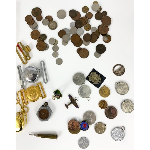 86 - MISC. MILITARIA INC. CLOTH BADGES, BUCKLES, COINS AND COMMEMORATIVES ETC.